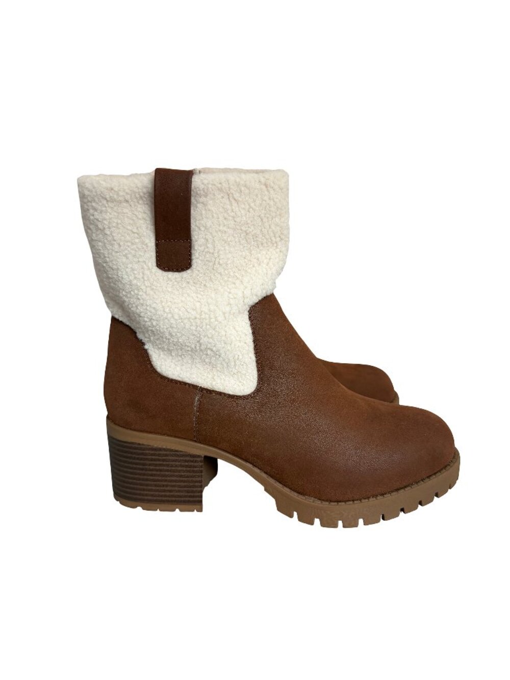 Mia Cognac Faux Shearling Cuff Chunky Heel Ankle Boots Platform Size 10 Women's